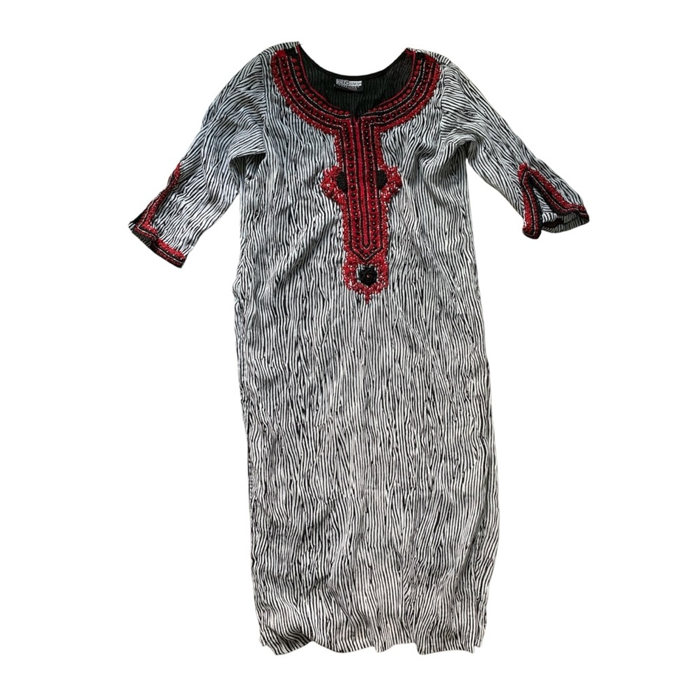 Khuda Baksh Black and White Striped Kaftan with Red Embroidery L